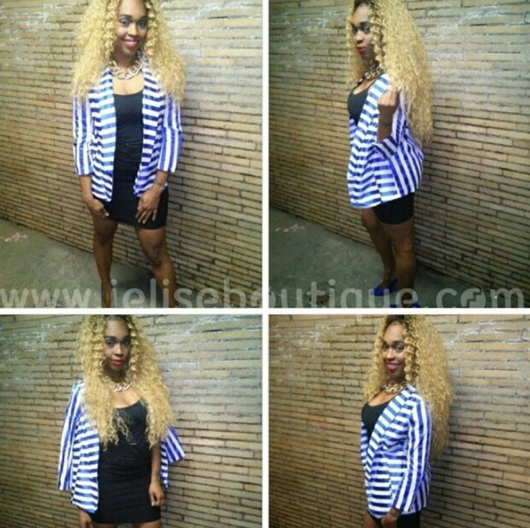 Opus LONDON Cobalt Blue and White Stripe Collar Blazer - Picture 3 of 8